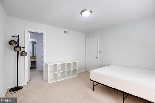 a room with a bed and a view of closet