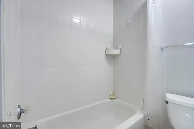 a bathroom with a bathtub and toilet