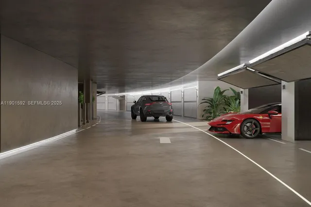 a view of parking garage with cars parked