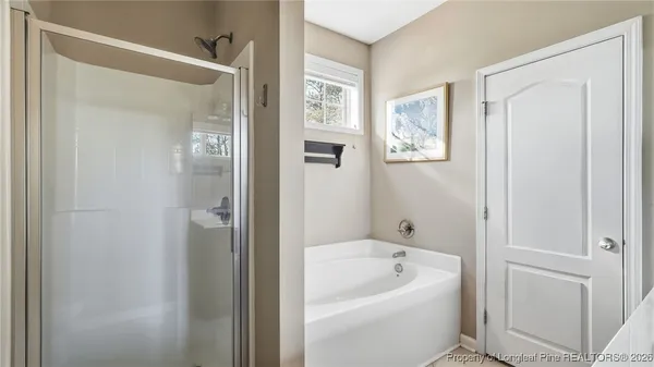 a bathroom with a bathtub and shower