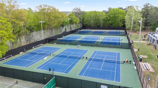 a view of a tennis ground with large trees