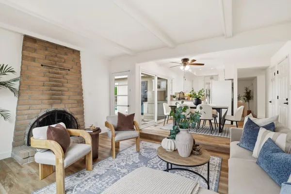 a living room with furniture or couch and a potted plant