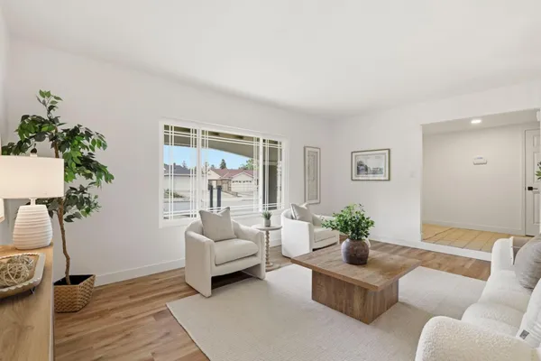 a living room with furniture potted plant and a window