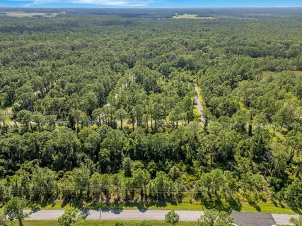 an aerial view of residential houses with outdoor space and trees