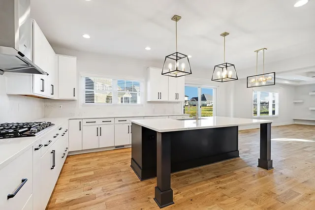 a kitchen with stainless steel appliances granite countertop a sink a stove and a wooden floors