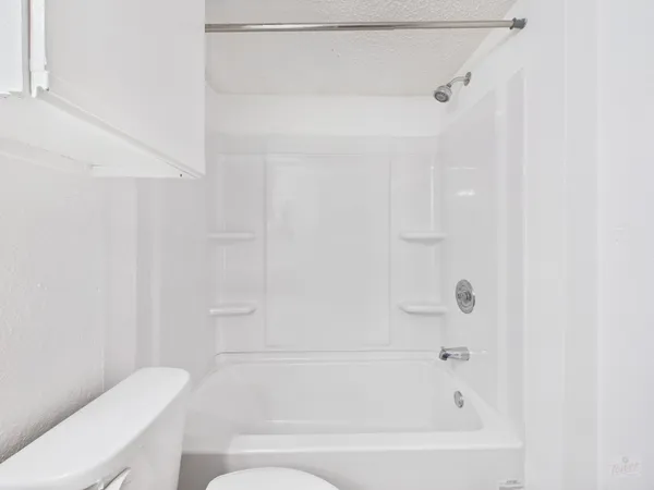 a bathroom with a bathtub and a toilet