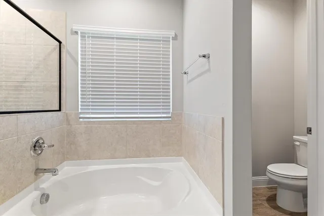 a bathroom with a bathtub and a toilet