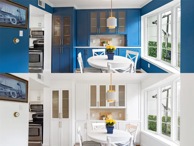 a living room with furniture a fireplace and a large window