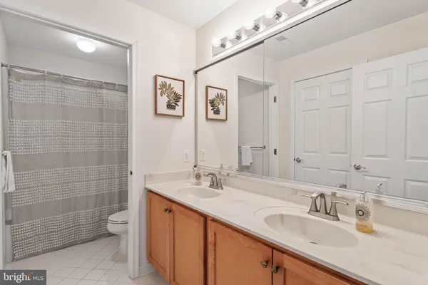 a bathroom with a double vanity sink mirror and toilet