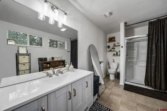 a bathroom with a sink a mirror and a shower