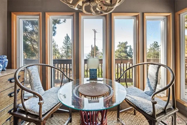 a view of a dining room with furniture window and outside view