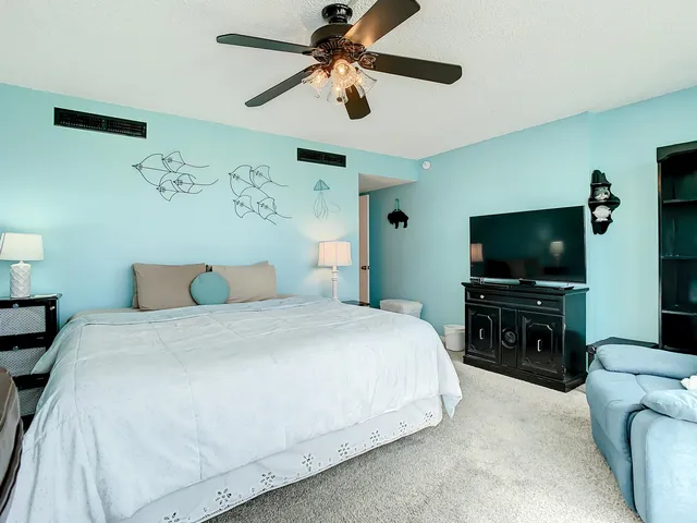 a bedroom with a bed and a flat screen tv