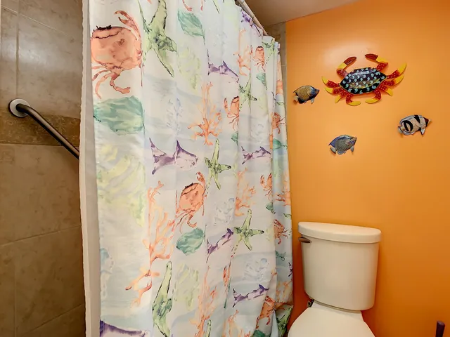 a bathroom with a toilet and shower curtain