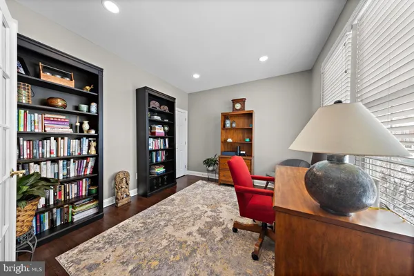 a workspace with a bookshelf