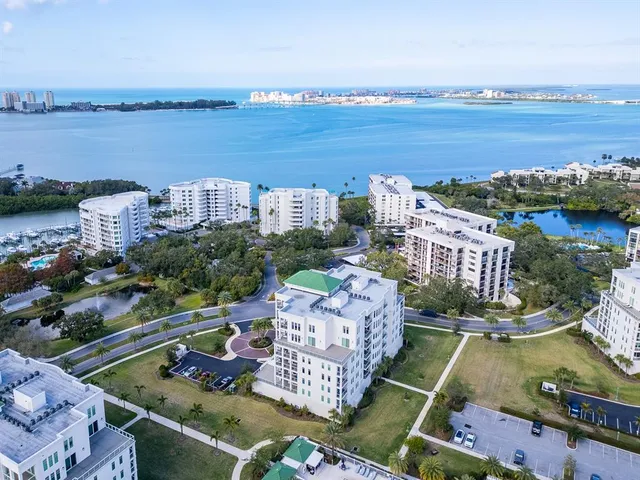a view of a city with lawn chairs