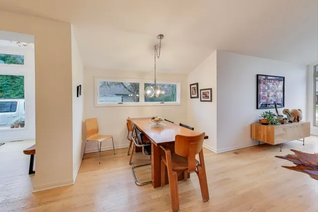 a view of a dining room with furniture