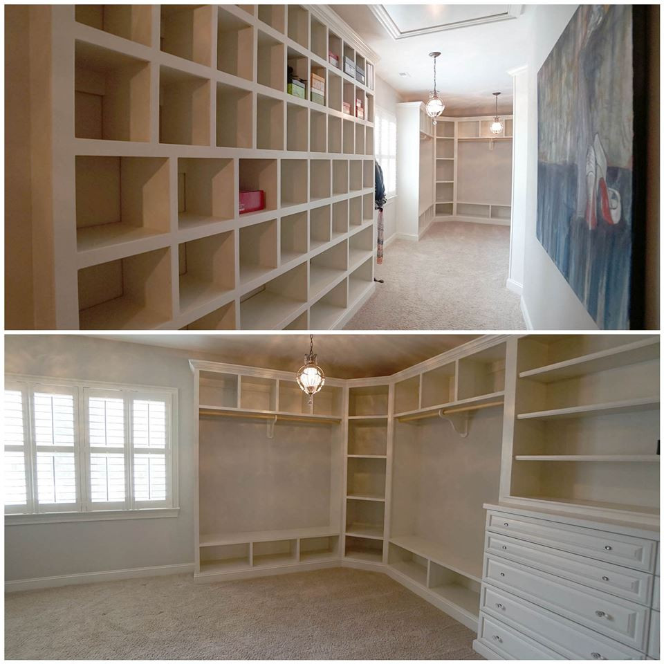 1608 Sharnbrook Court Raleigh, NC 27614 - Photo 19 of 30 Custom luxurious designer closet w/built-in shoe wall, hanging racks, drawers, & granite counter lady’s vanity w/custom light fixtures Master Walk-in Closet
