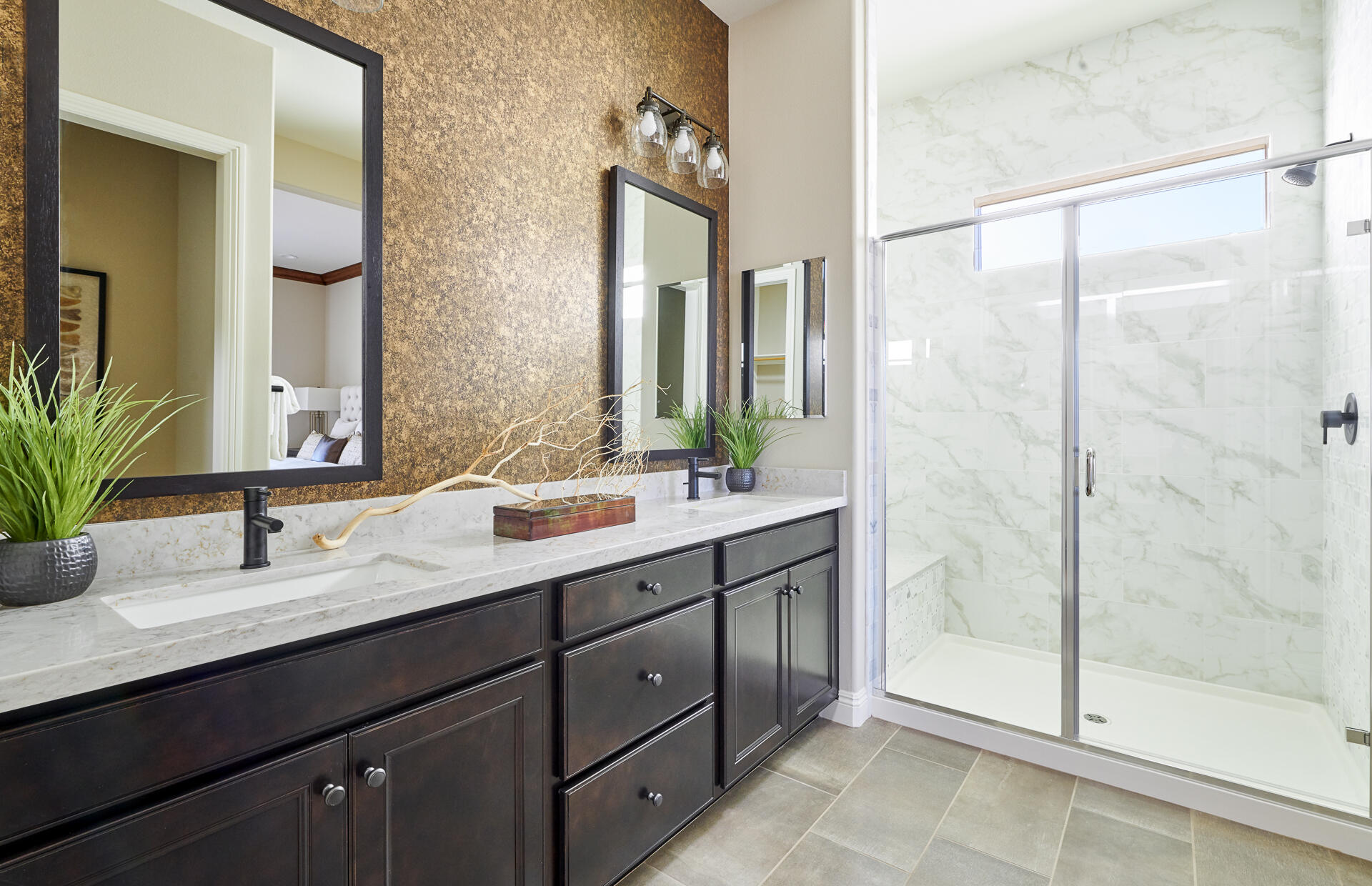 26 Zinfandel Rancho Mirage, CA 92270 - Photo 13 of 46 a bathroom with a granite countertop sink a mirror and a shower
