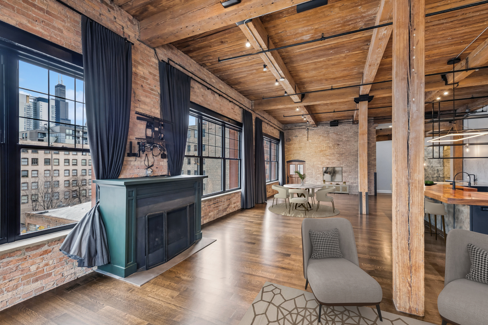 1000 West Washington Boulevard, Unit 436437 Chicago, IL 60607 - Photo 5 of 42 a living room with furniture a fireplace and wooden floor