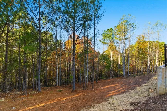 a front view of a house with large trees and plants
