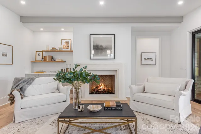 a living room with furniture a fireplace and wall paintings