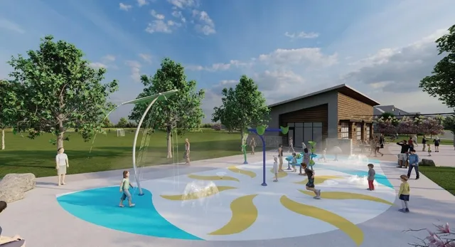 a swimming pool with lots of tress in front of it