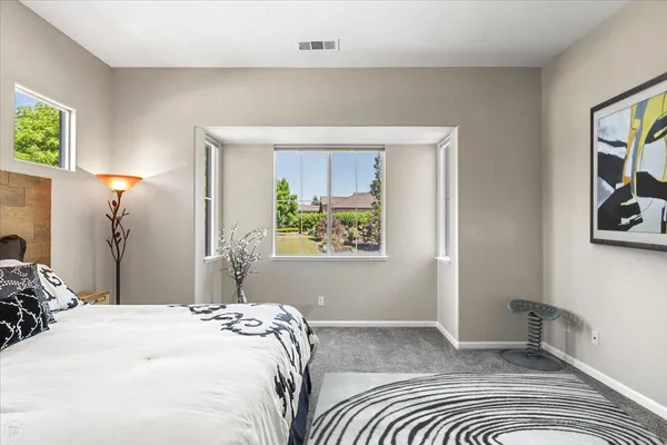 a view of a garden with a bench in a garden