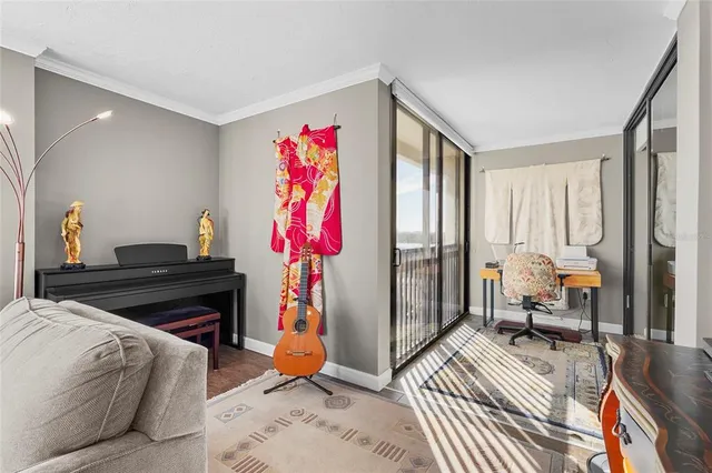 a bedroom with a bed and a large closet