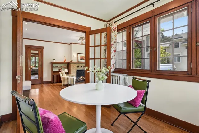 a view of a dining room with furniture