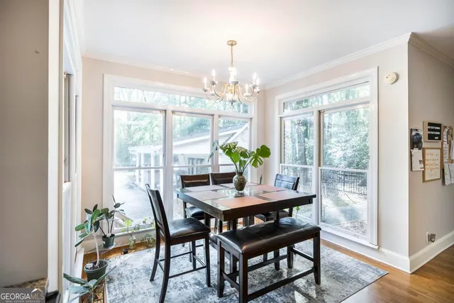 a dining room with furniture a rug and a potted plant