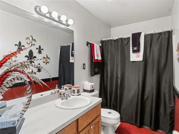 a bathroom with a sink a toilet and shower curtain