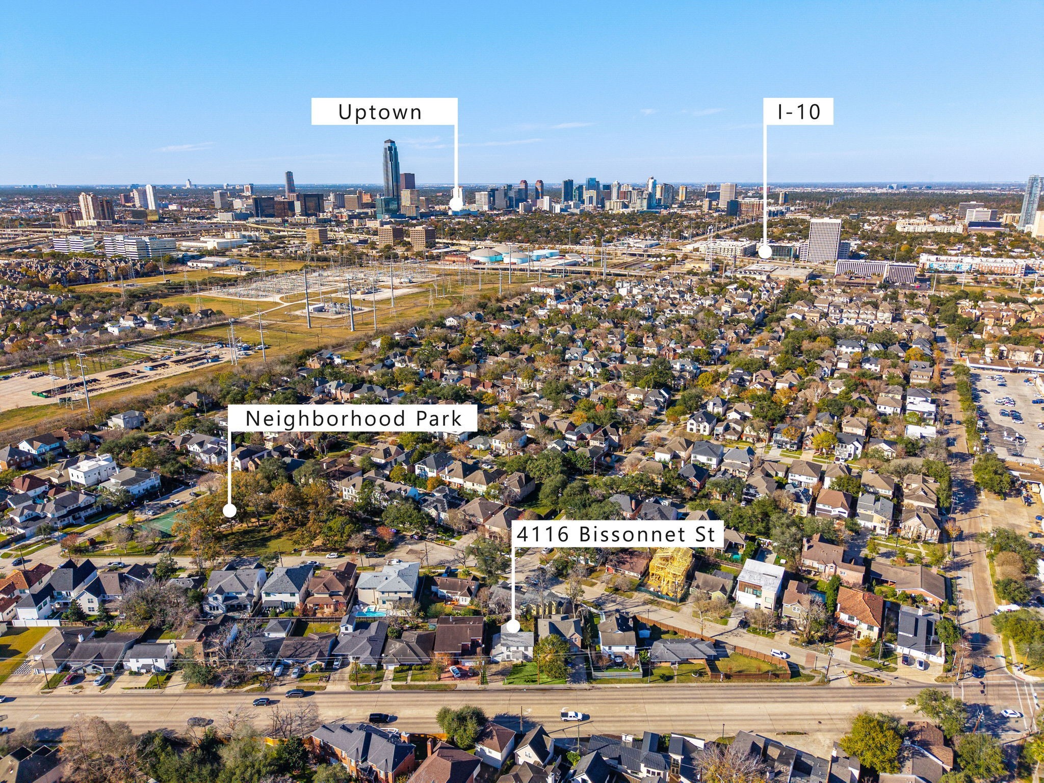 4116 Bissonnet Street Houston, TX 77005 - Photo 7 of 20 Aerial view highlighting the property’s central inner-loop location with proximity to Uptown, I-10, and nearby neighborhood parks.