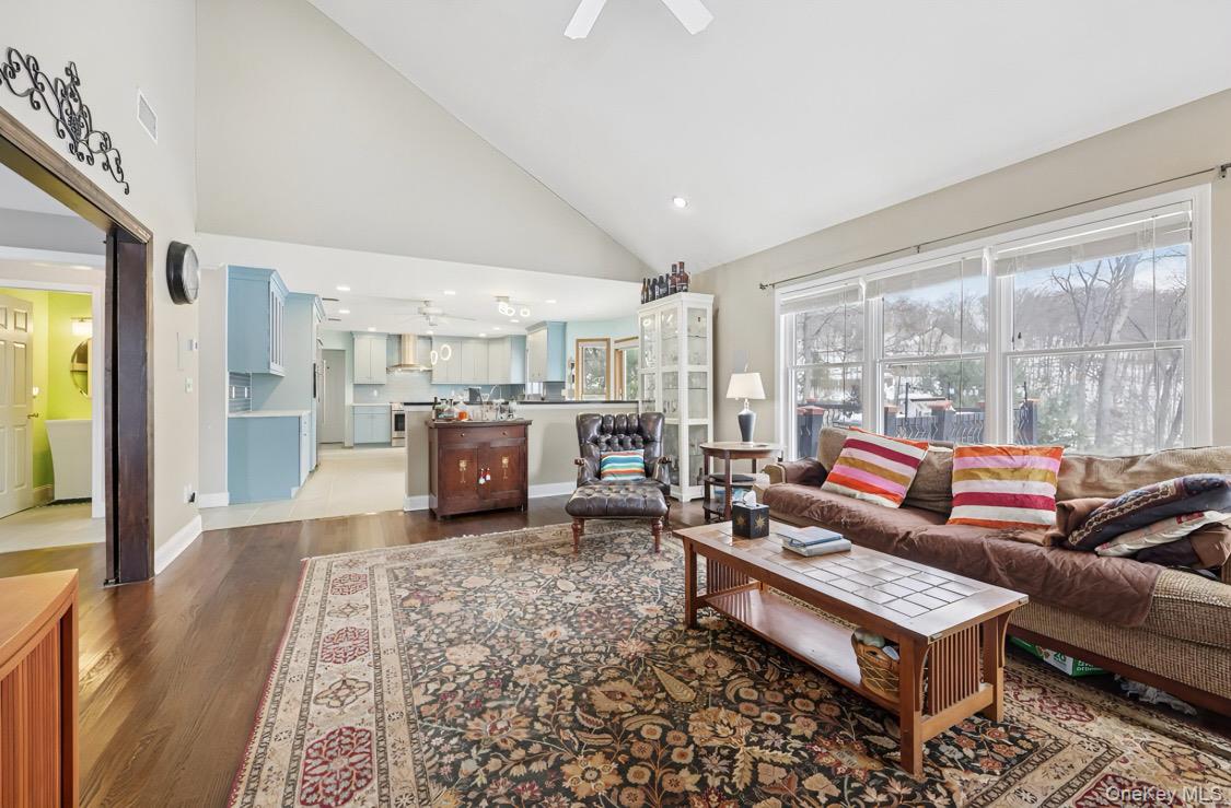 7 Gooler Court Stony Point, NY 10980 - Photo 11 of 35 Living room with high vaulted ceiling, dark wood-style floors, ceiling fan, and recessed lighting