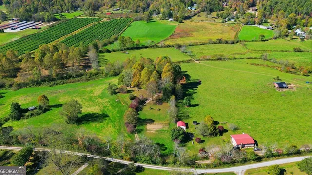 an aerial view of a residential houses with outdoor space and trees all around