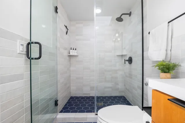 a bathroom with a shower and a toilet