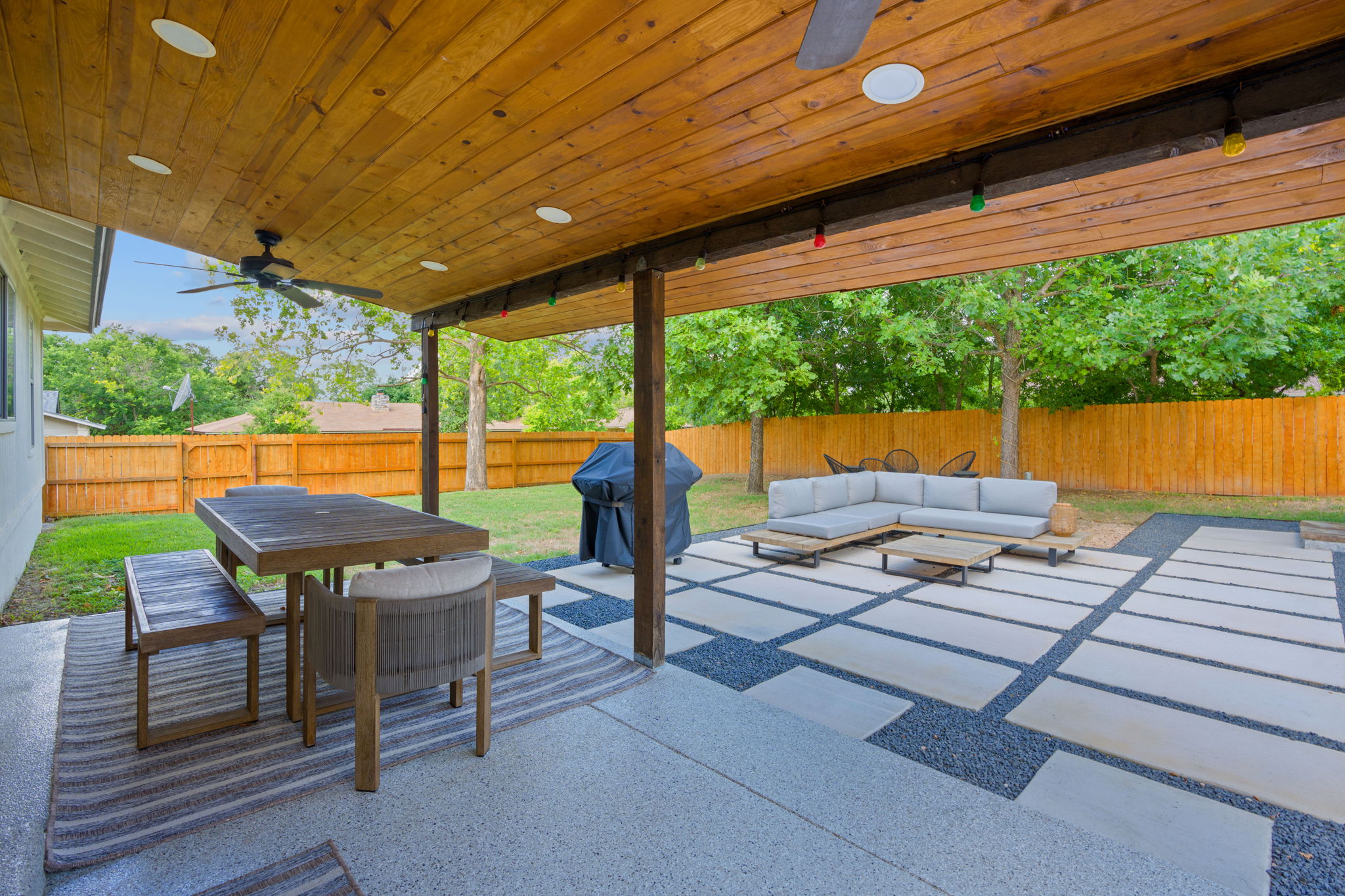 7110 Tawny Circle Austin, TX 78745 - Photo 25 of 30 Fenced backyard featuring outdoor lounge area, a patio area, a ceiling fan, and grilling area