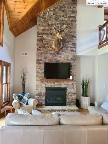 a living room with furniture a potted plant and a fireplace