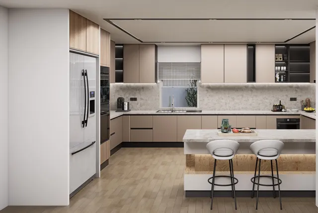 a kitchen with a refrigerator a sink and chairs
