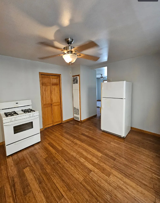 1019 West 18th Street Chicago, IL 60608 - Photo 13 of 26 a view of a kitchen with a stove a ceiling fan and wooden floor