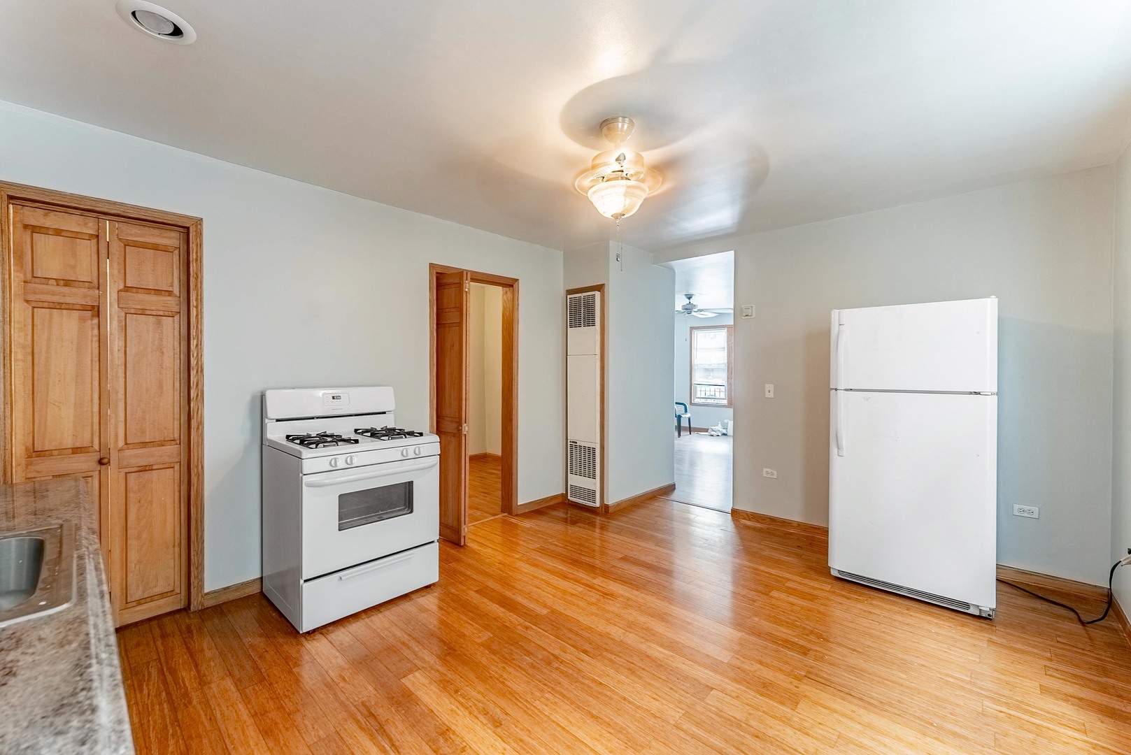 1019 West 18th Street Chicago, IL 60608 - Photo 6 of 26 a view of a kitchen with wooden floor and a refrigerator