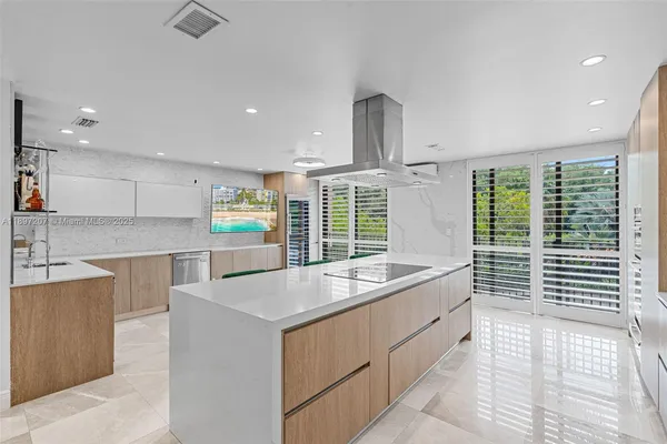 a view of a balcony with wooden floor