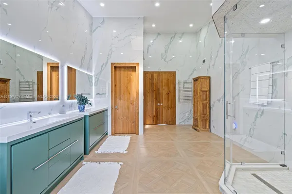 an outdoor sitting area with furniture