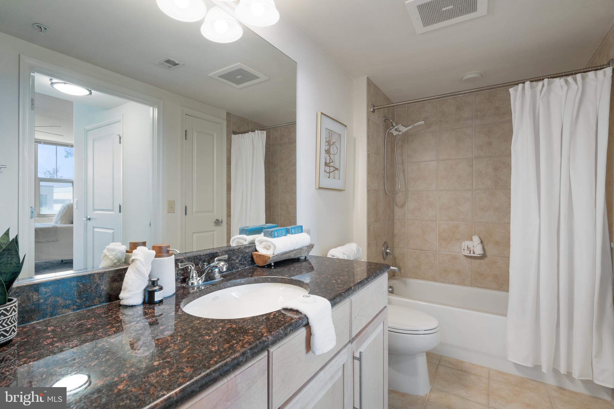 11760 Sunrise Valley Drive, Unit 209 Reston, VA 20191 - Photo 8 of 23 a bathroom with a granite countertop sink a toilet and shower