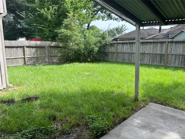 a view of backyard with a table and chairs and a large tree