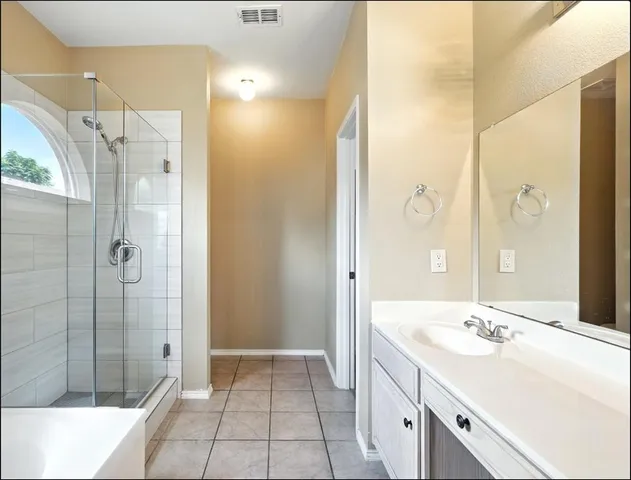 a bathroom with a double vanity sink mirror and shower