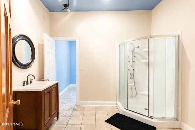 a bathroom with a sink a mirror and a shower