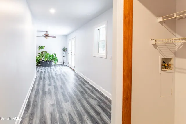 a view of a hallway with wooden floor and a potted plant