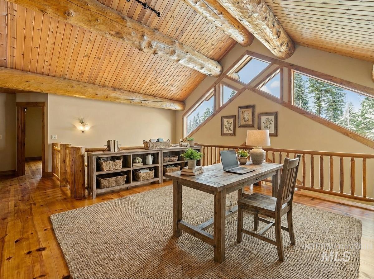 1008 Penstemen Place McCall, ID 83638 - Photo 11 of 26 Office area with hardwood / wood-style floors and wooden ceiling. Digitally Staged.