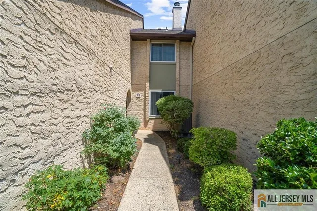 a pathway of a house with potted plants