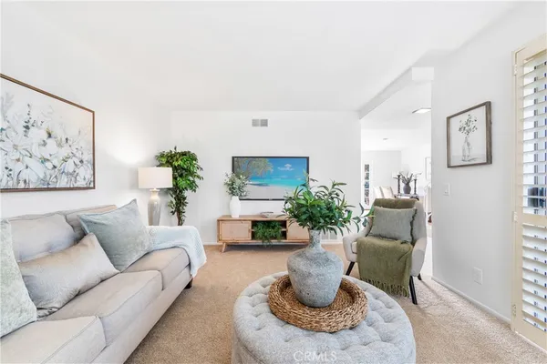 a living room with furniture flowerpot and a potted plant